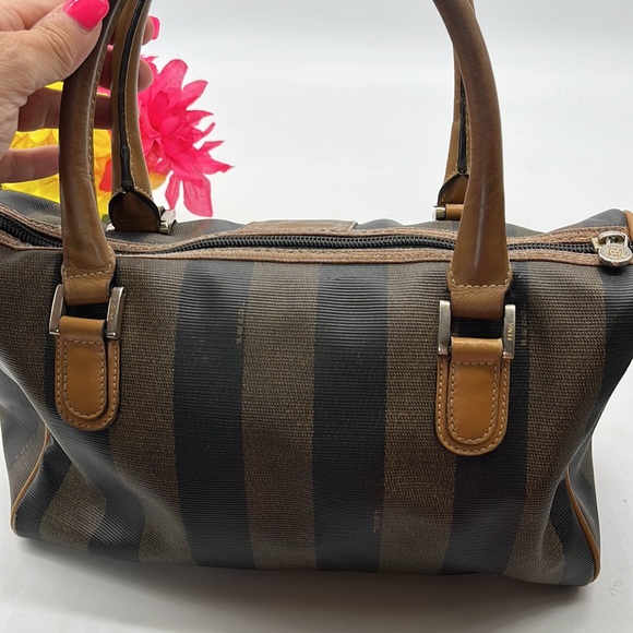 Fendi 1925 Pequin Boston Brown Tan Stripe Vintage Leather Handle Satchel Bag - Picture 8 of 16